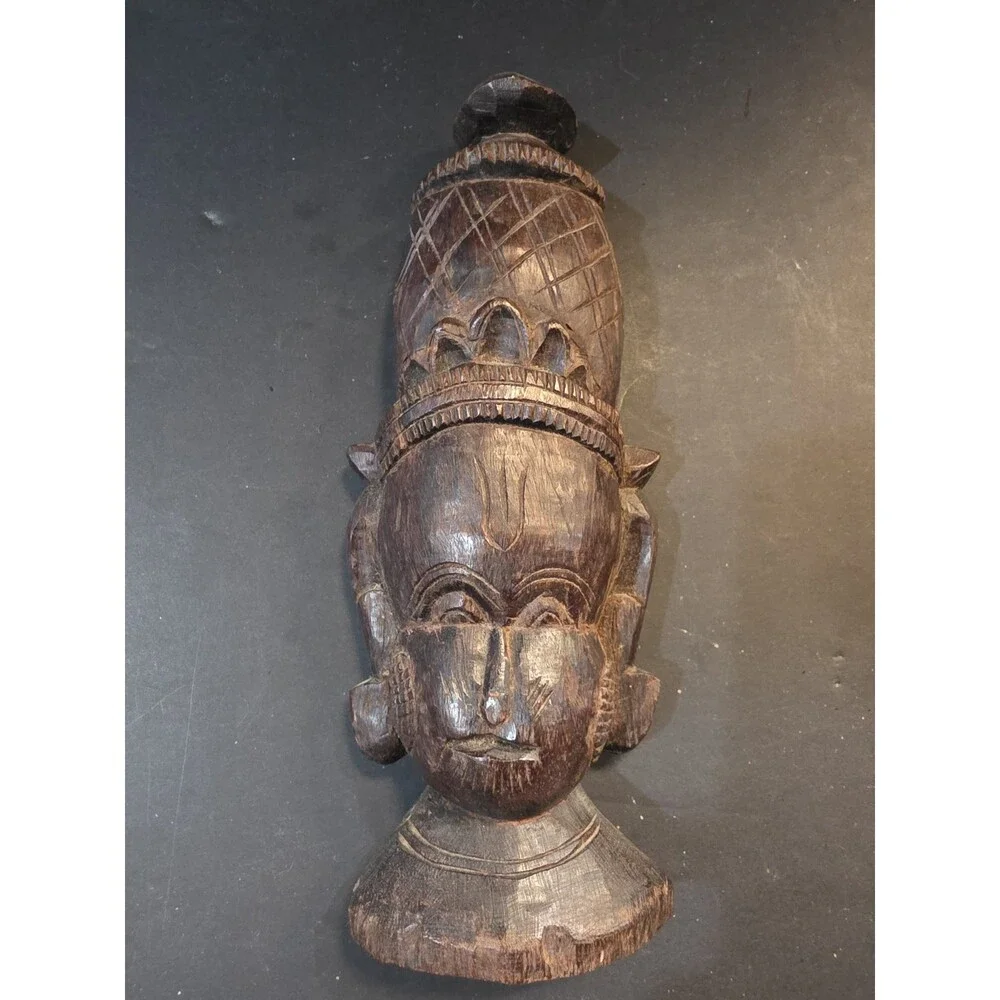 Vintage Indian Hand-Carved Wood Deity Busts - Pair of 2 Traditional Sculptures